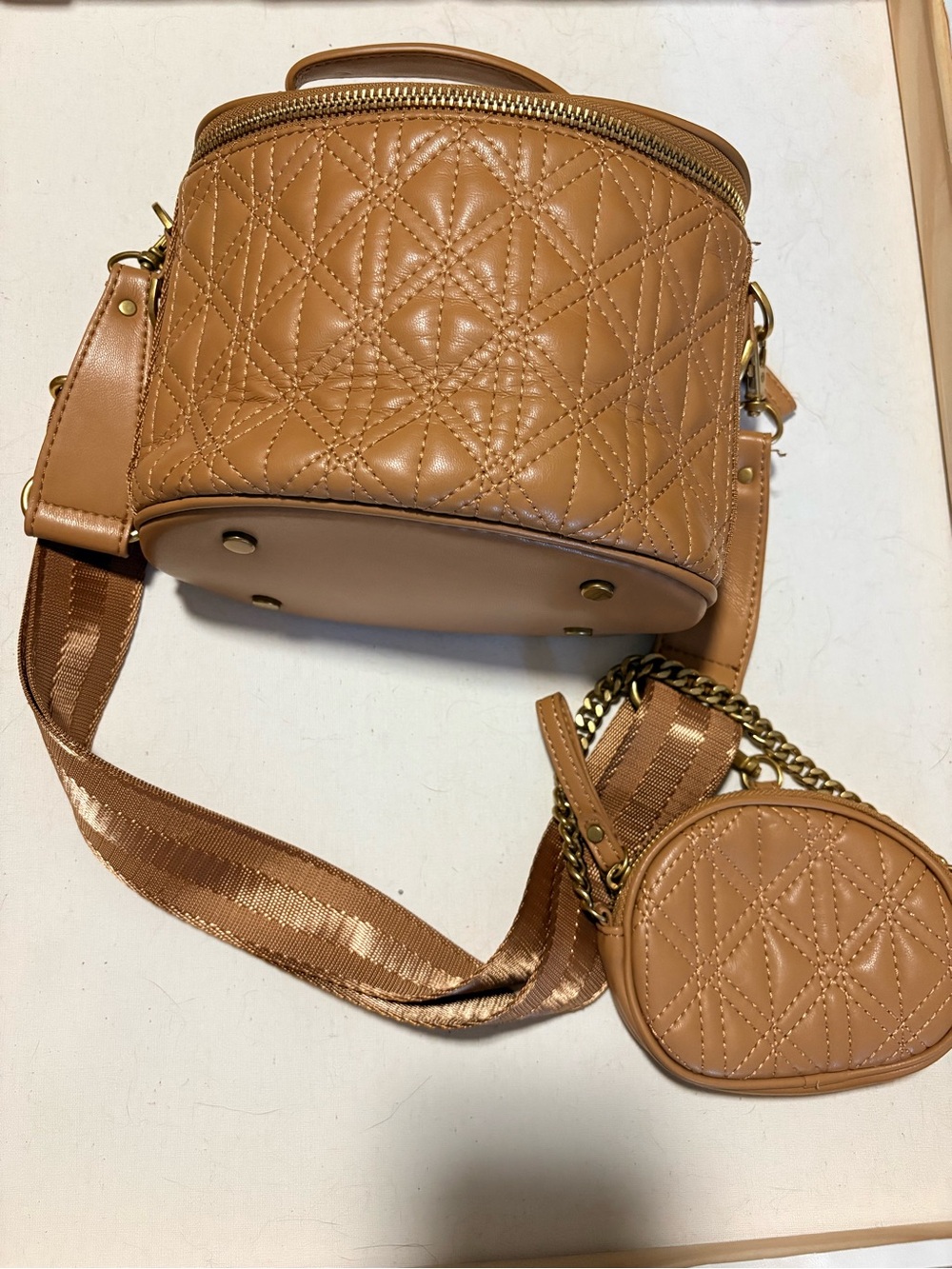 Zara Quilted Tan Cosmetic Bag